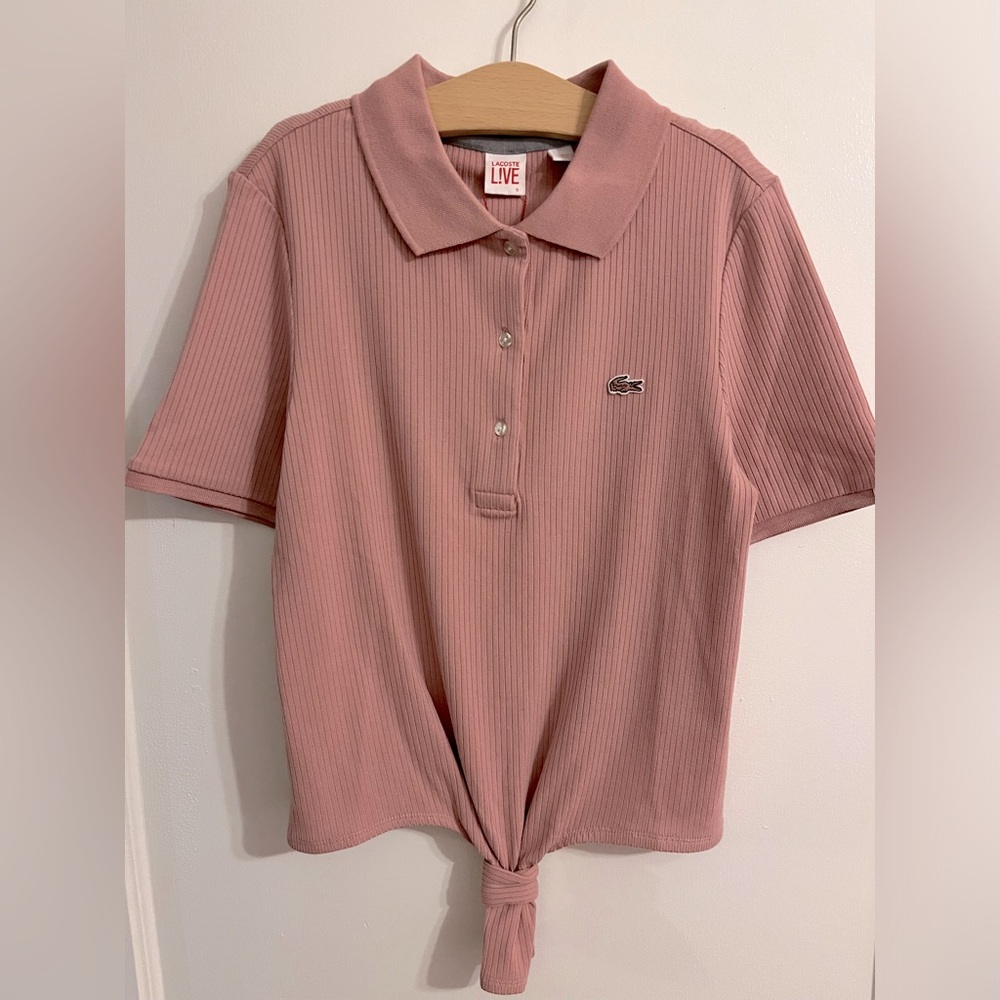 Lacoste Pink Ripped Short Sleeve Polo With Tie Front Size S NWT
